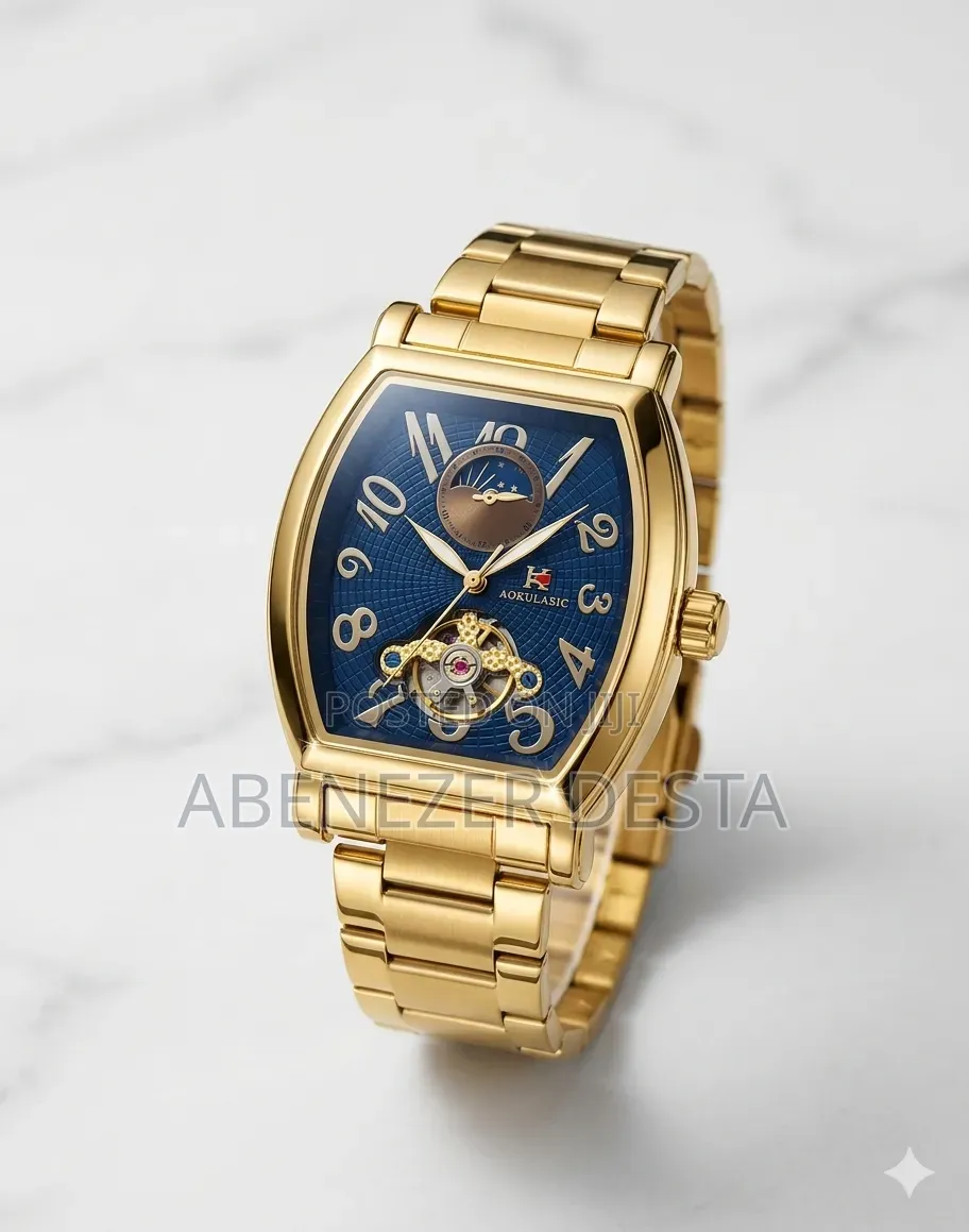 Gold-Tone Aokulasic Automatic Mechanical Watch With a Barrel- Shaped