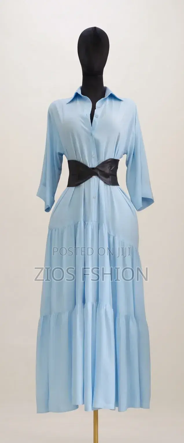 Elegant Light Blue Maxi Dress With Black Belt