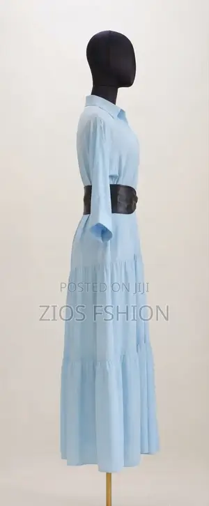 Elegant Light Blue Maxi Dress With Black Belt