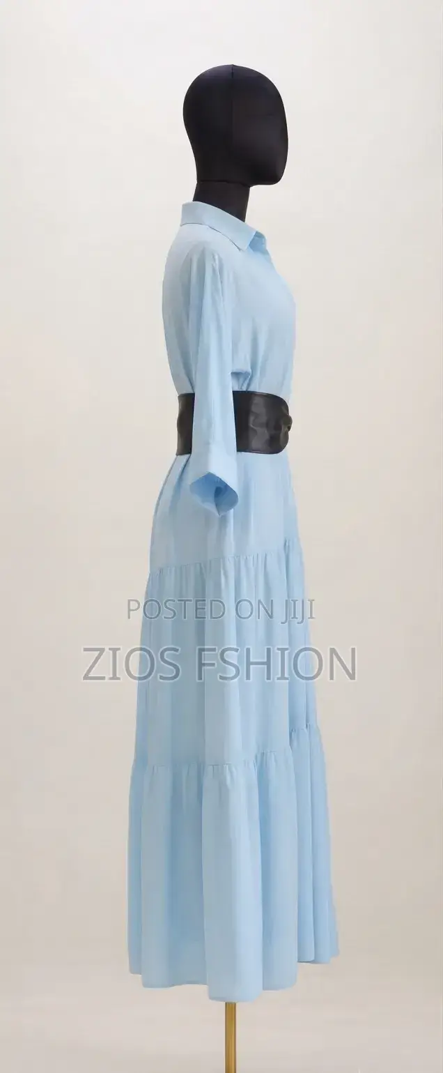 Elegant Light Blue Maxi Dress With Black Belt