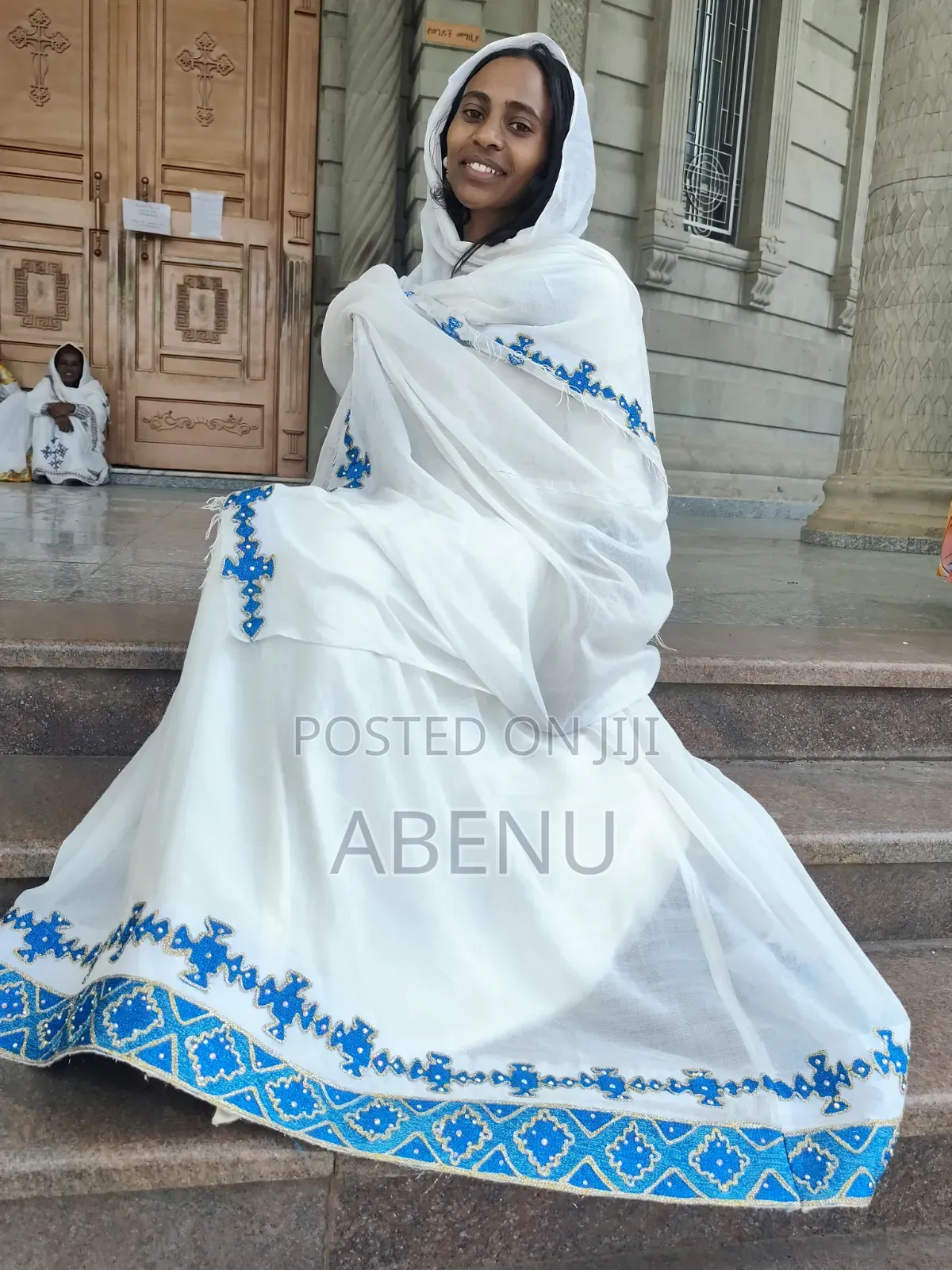 Elegant White Habesha Kemis With Gold Orange Embroidery