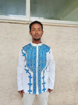 Elegant White Blue Ethiopian Traditional Shirt
