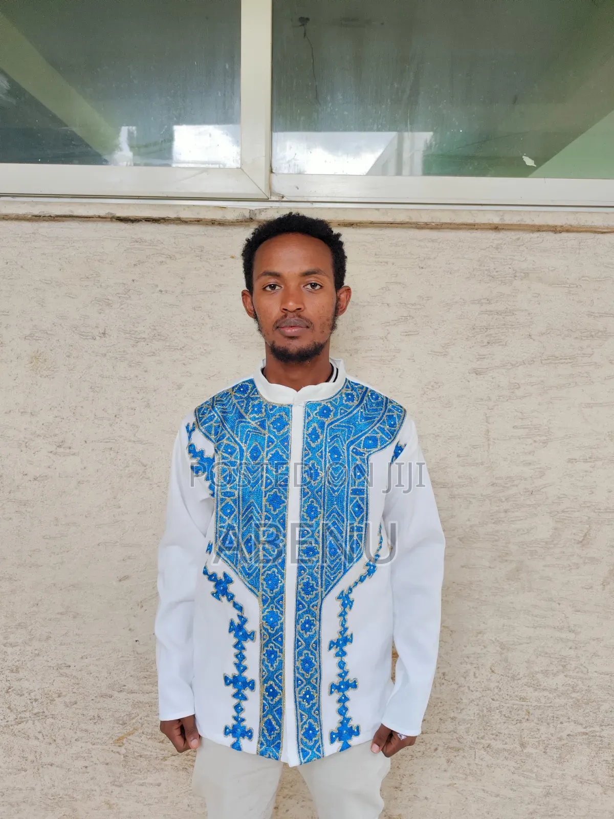 Elegant White Blue Ethiopian Traditional Shirt