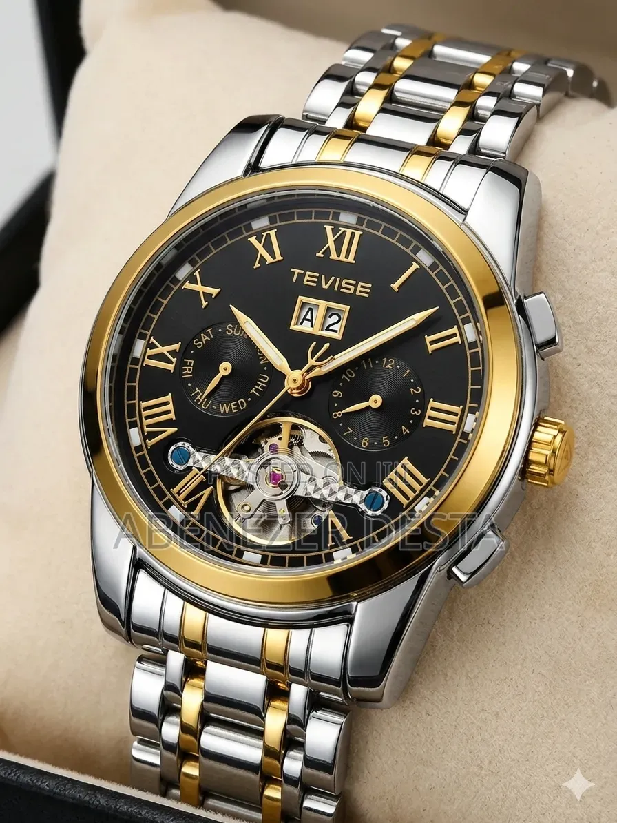 Tevise Automatic Mechanical Watch Featuring a Black Dial Roman Numeral
