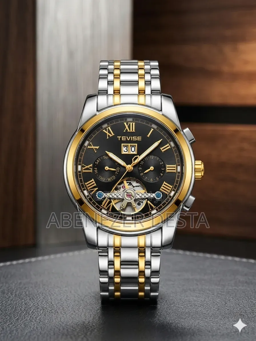 Tevise Automatic Mechanical Watch Featuring a Black Dial Roman Numeral