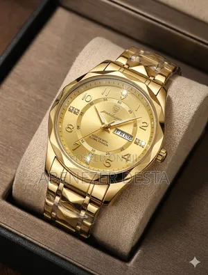 Gold-Toned Poedagar Luxury Quartz Men's Watch With a Faceted Bezel,