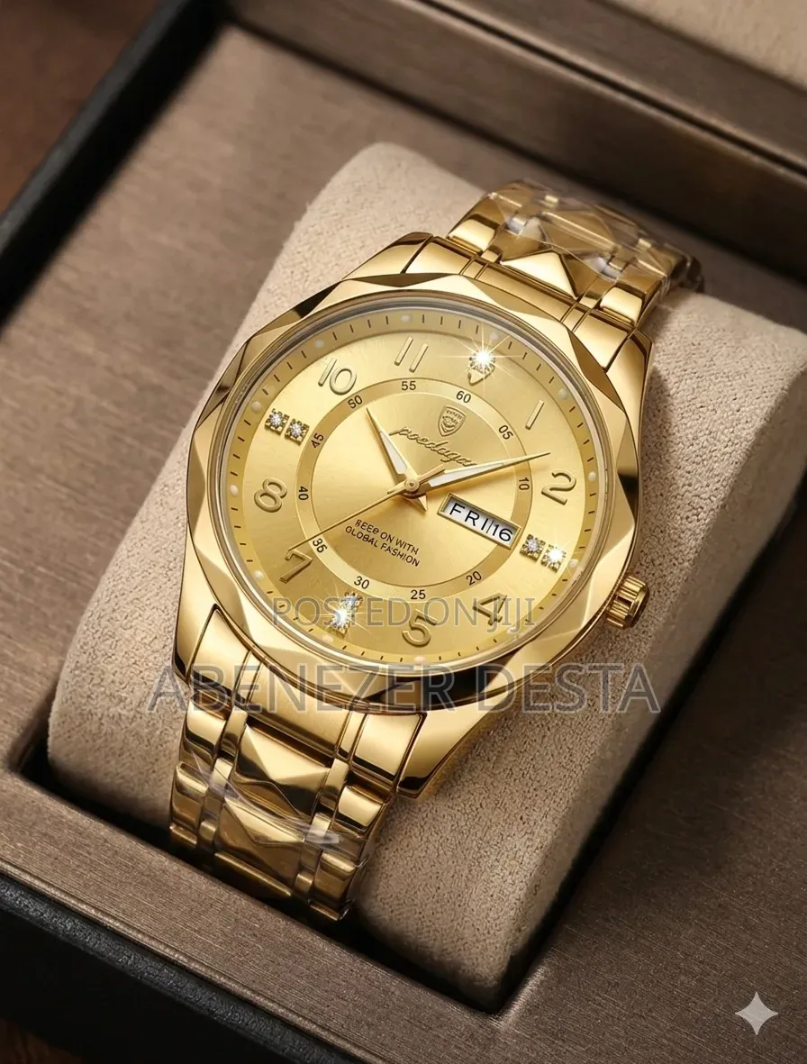 Gold-Toned Poedagar Luxury Quartz Men's Watch With a Faceted Bezel,