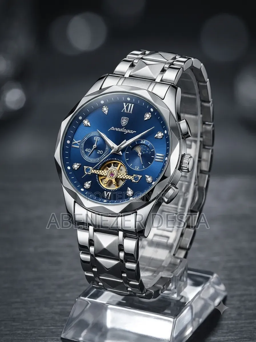 Silver-Tone Poedagar 996 Luxury Men's Watch Featuring a Striking Blue