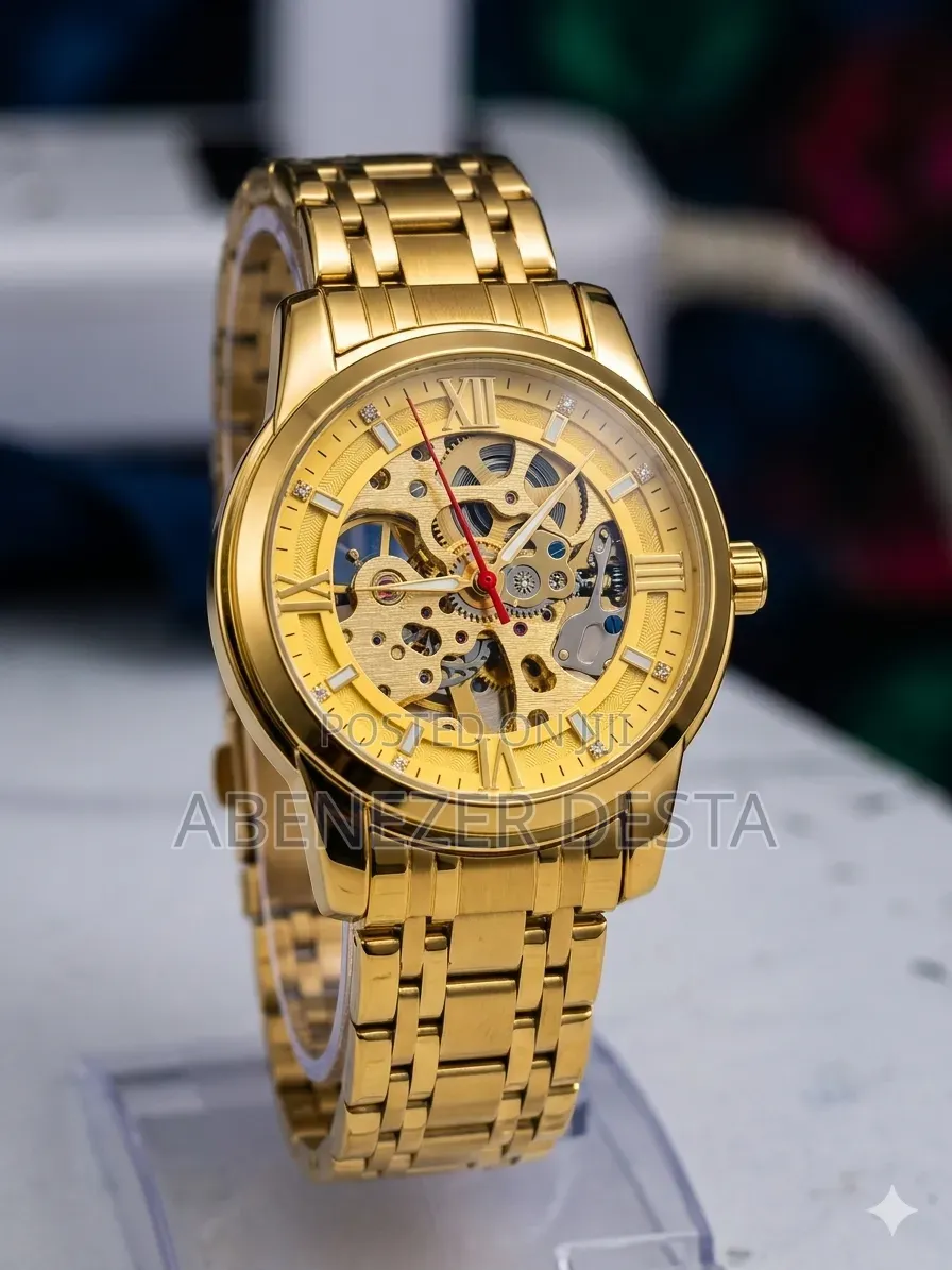 Gold-Toned SKMEI 9222 Automatic Mechanical Skeleton Watch for Men