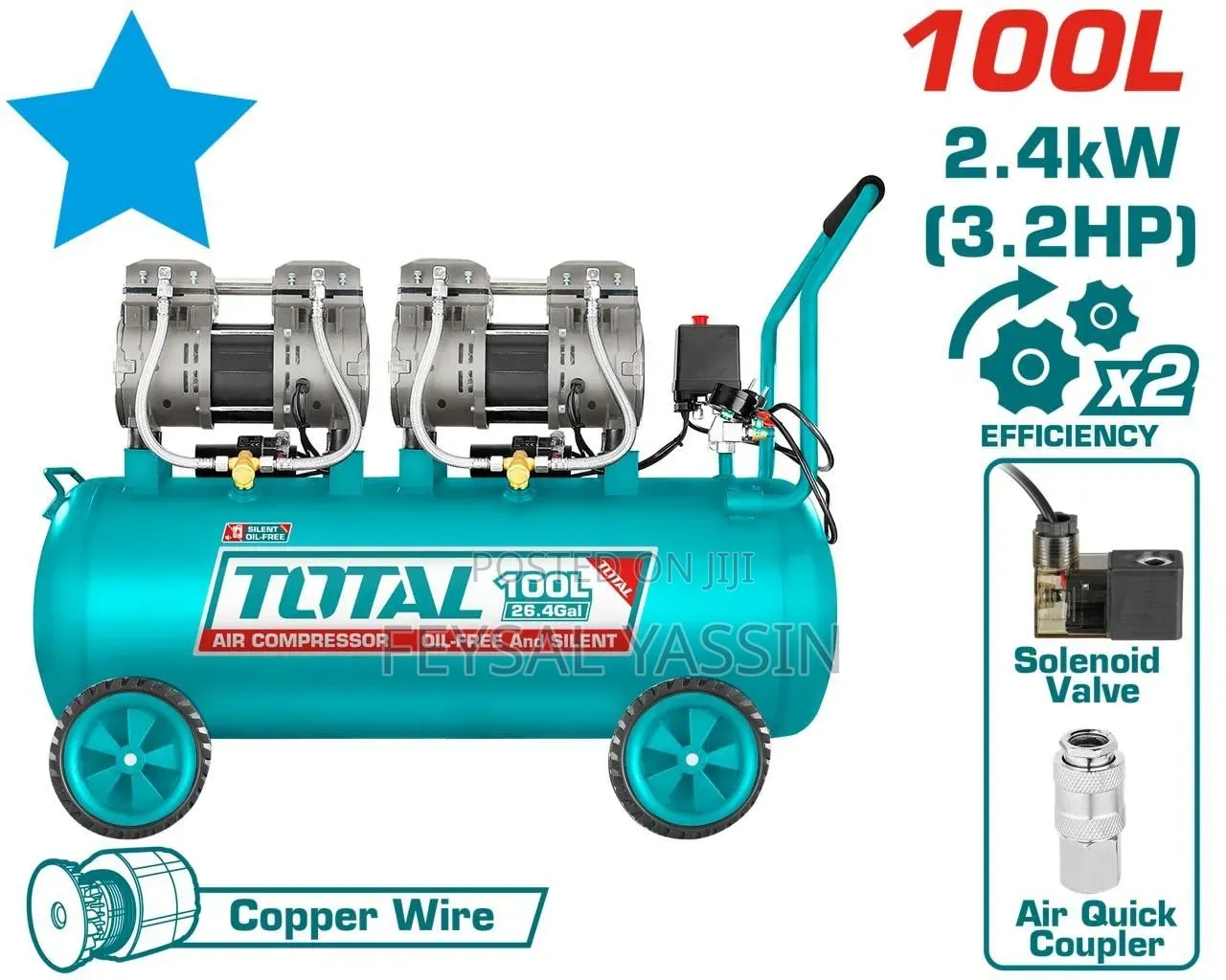 TOTAL 100L Oil-Free and Silent Air Compressor.