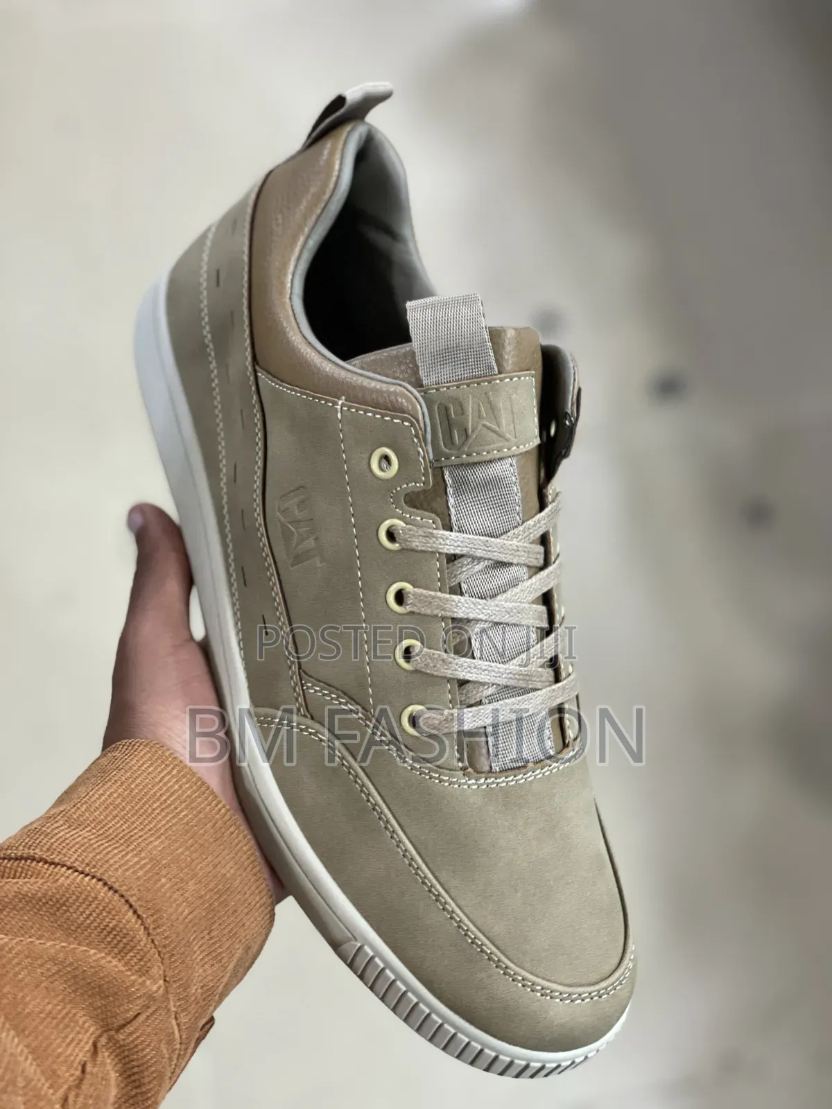 Beige (CAT) Casual Leather Sneaker a White Flat Sole and Tonal Laces
