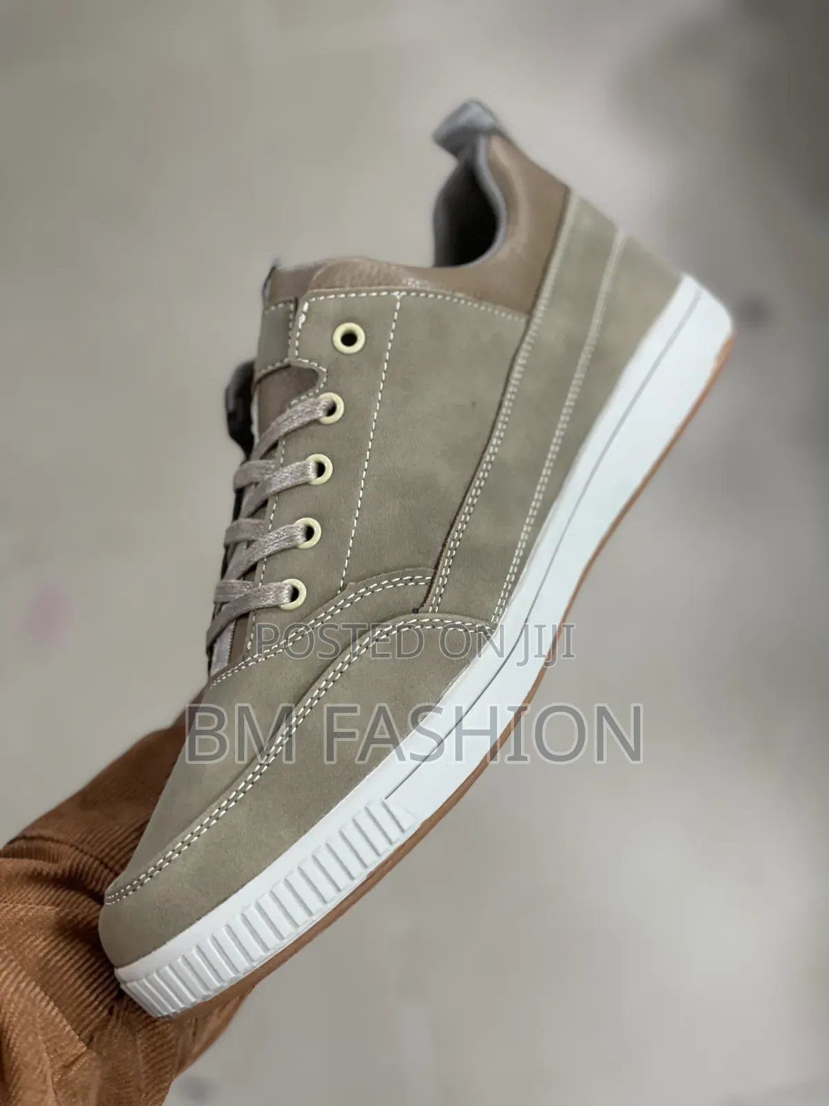 Beige (CAT) Casual Leather Sneaker a White Flat Sole and Tonal Laces