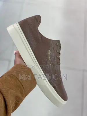 Brown Tumbled Leather Sneaker "Santoni" Featuring a Textured Side Logo