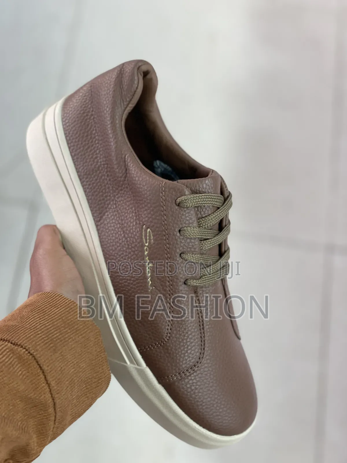 Brown Tumbled Leather Sneaker "Santoni" Featuring a Textured Side Logo