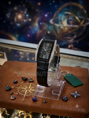 Rectangular Black Dial With Crystal Bezel Black Strap