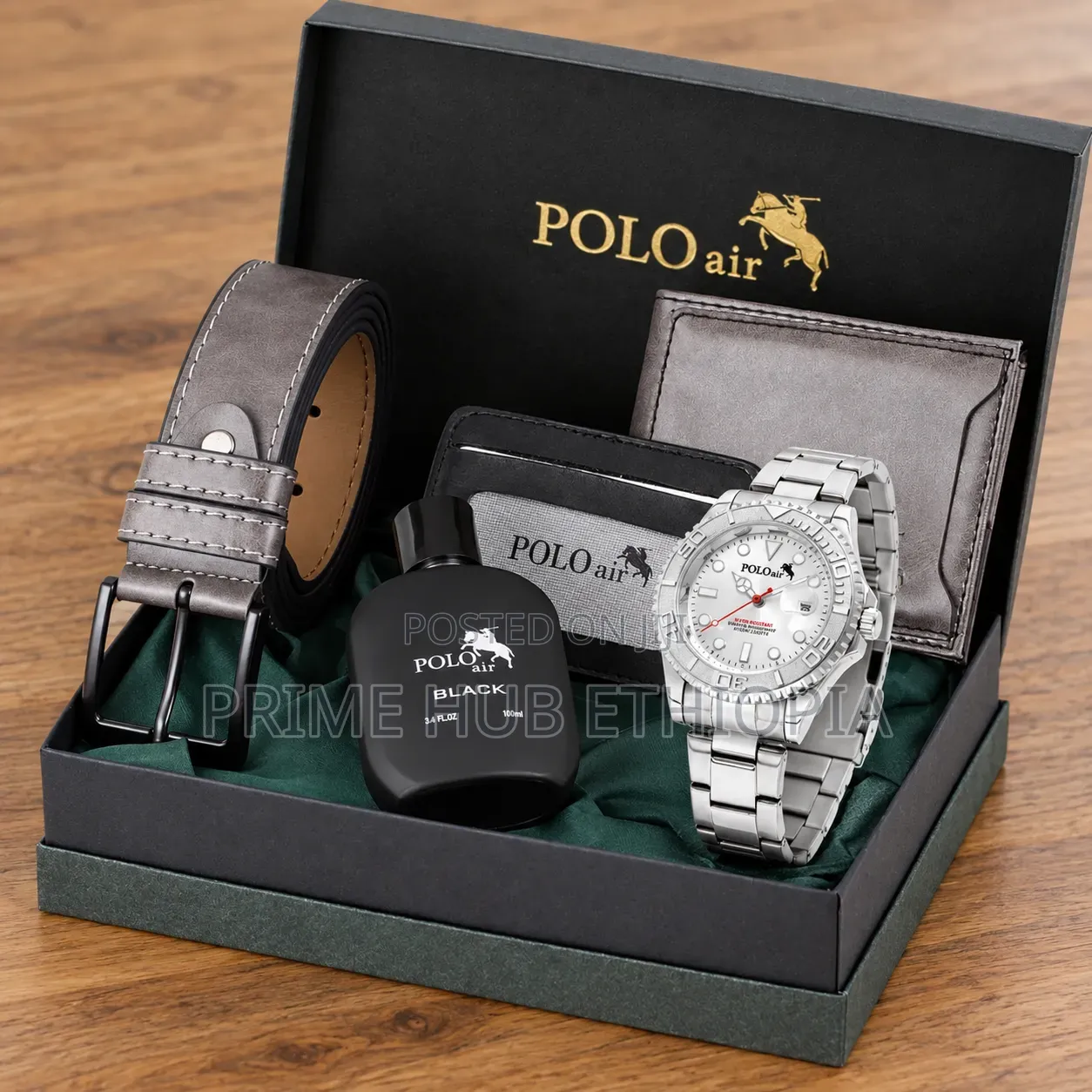 POLO AIR Men's Wristwatch Belt Wallet Card Holder Perfume Gift