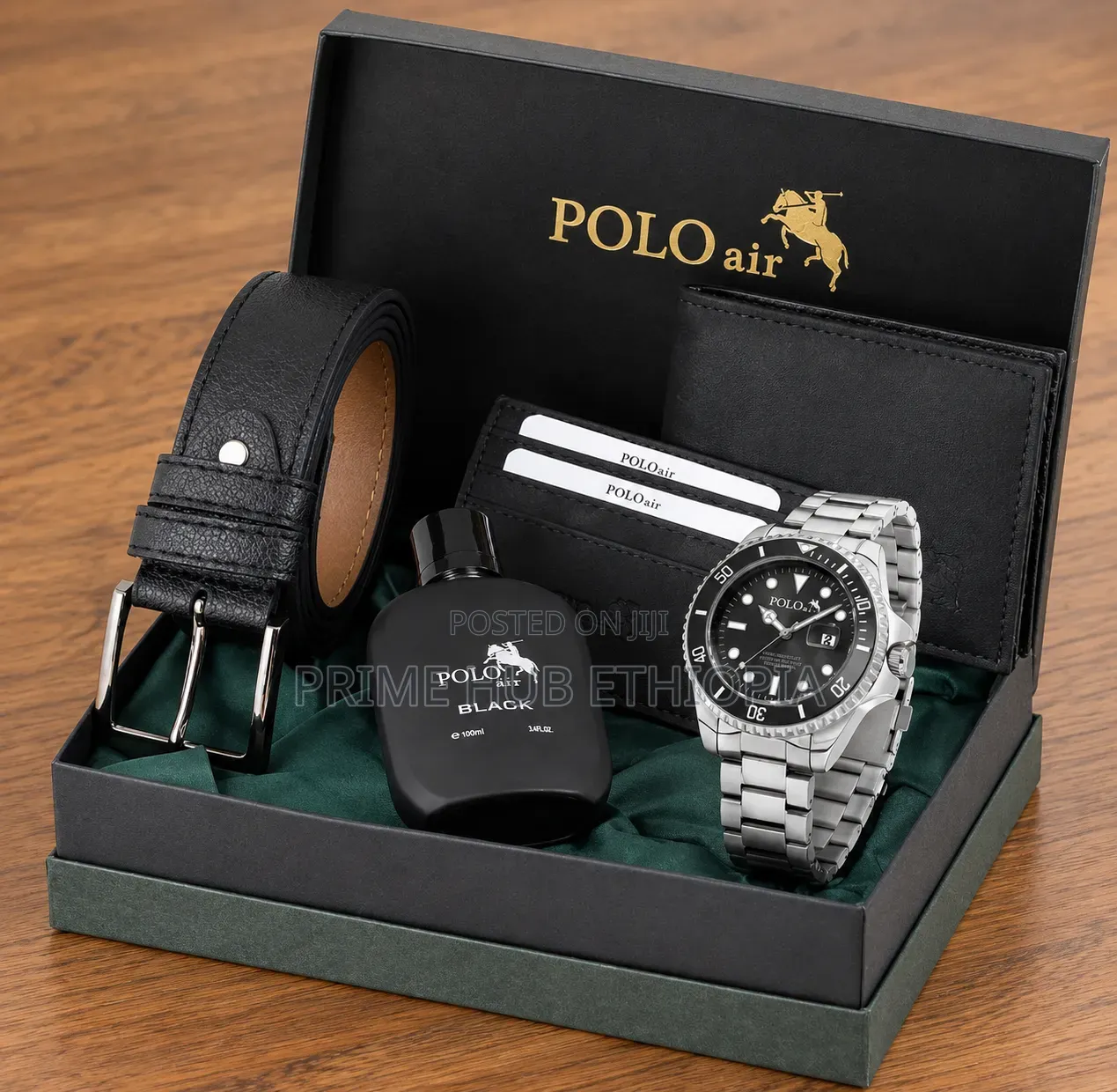 POLO AIR Men's Wristwatch Belt Wallet Card Holder Perfume Gift
