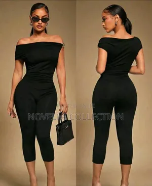 Black Asymmetrical Shoulder Jumpsuit,Gold Metal Buckle, Capri