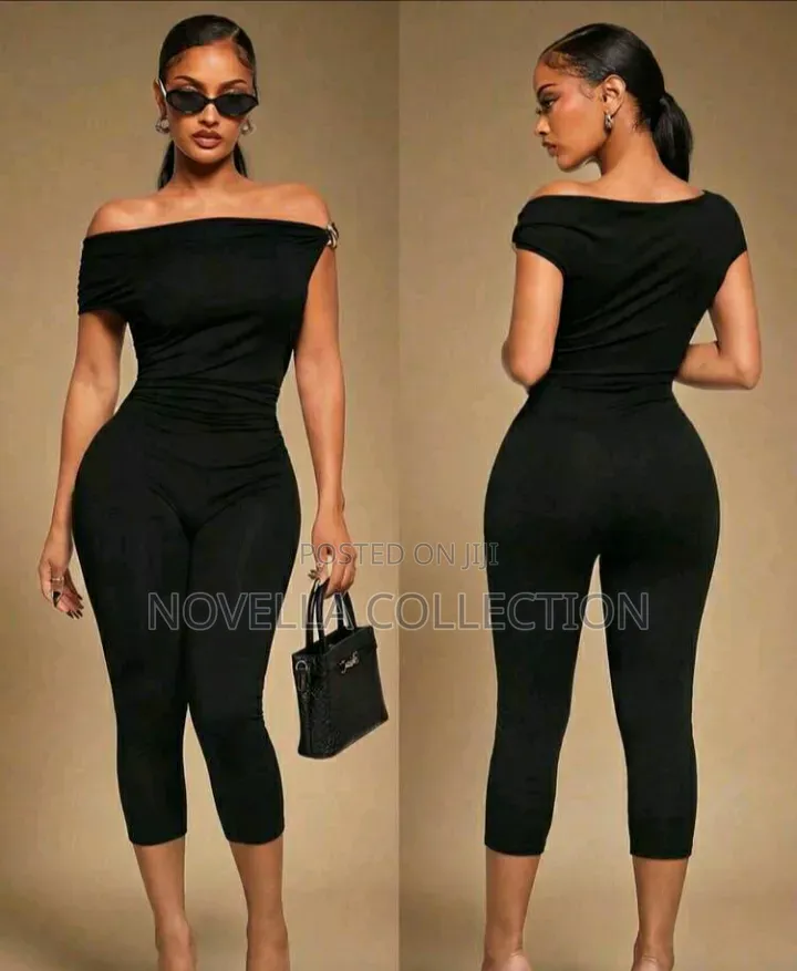 Black Asymmetrical Shoulder Jumpsuit,Gold Metal Buckle, Capri