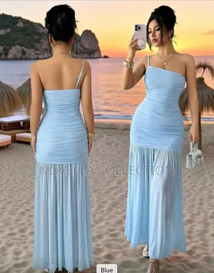 Women's Light Blue Beach Bodycon Dress, Spaghetti Strap One Shoulder