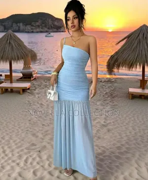 Women's Light Blue Beach Bodycon Dress, Spaghetti Strap One Shoulder