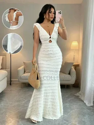 Women's Elegant Off-White Deep v Neck Back Tie Slim Midi Long Dress,