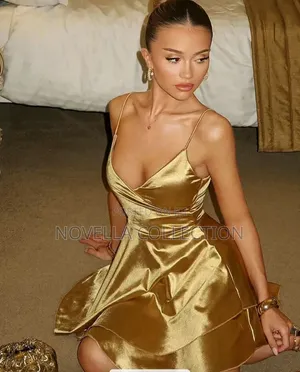 Golden Satin Spaghetti Strap Asymmetrical Ruffle Mini Dress