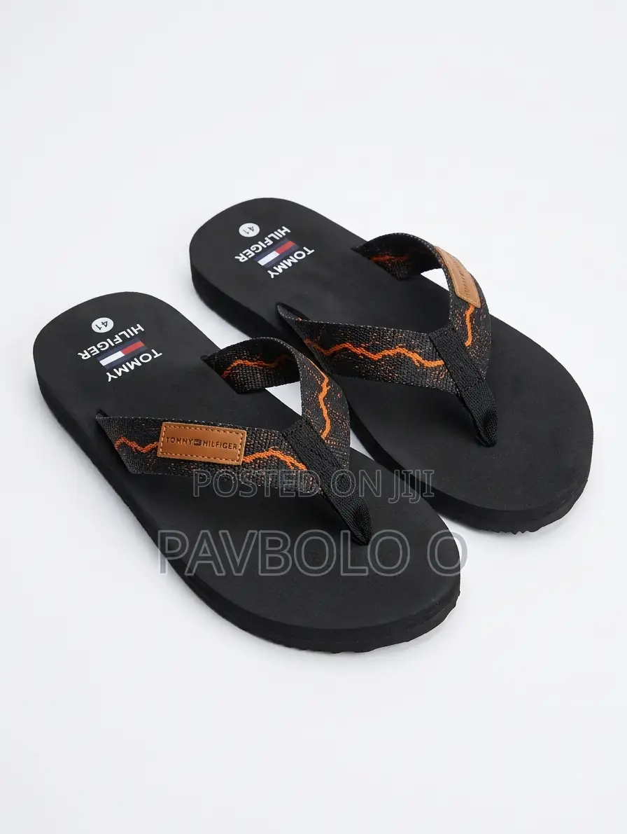 Tommy Hilfiger Men's Printed Strap Flip Flops – Black Orange Accent