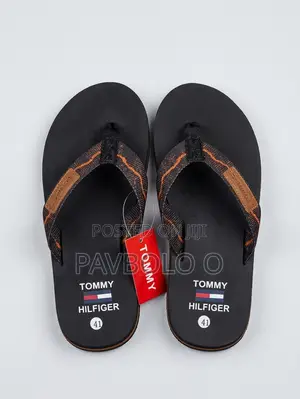Tommy Hilfiger Men's Printed Strap Flip Flops – Black Orange Accent