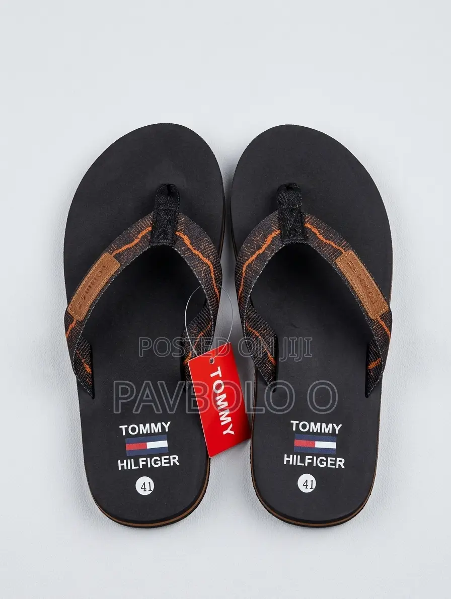Tommy Hilfiger Men's Printed Strap Flip Flops – Black Orange Accent