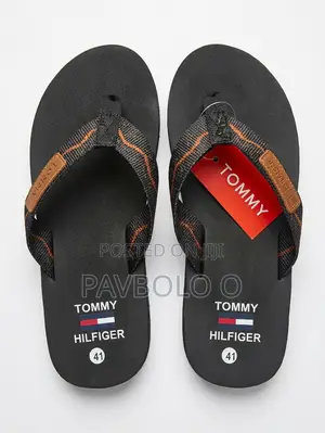Tommy Hilfiger Men's Printed Strap Flip Flops – Black Orange Accent