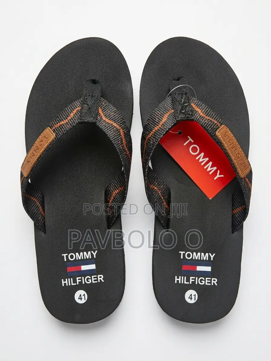 Tommy Hilfiger Men's Printed Strap Flip Flops – Black Orange Accent