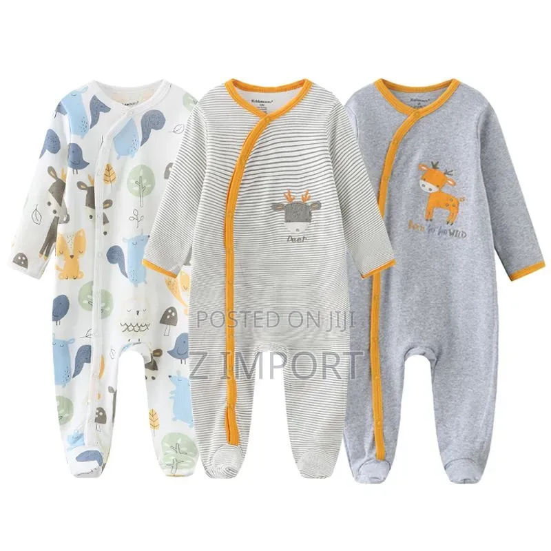 3-PC Pack Long-Sleeved, Covered-Foot Romper Cotton Onesie