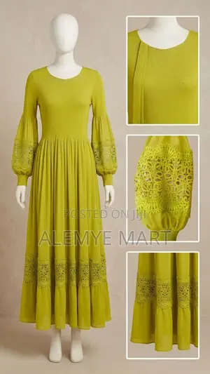 Elegant Olive Green Long-Sleev Maxi Dress With Lace Bead Detail