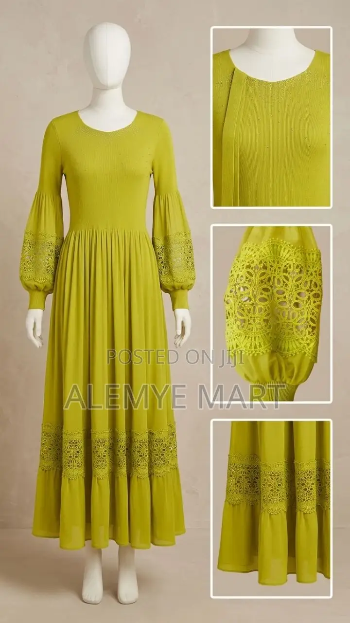 Elegant Olive Green Long-Sleev Maxi Dress With Lace Bead Detail