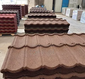 ,Stack of Brown Stone-Coated Metal Roof Tiles Designed to Resembl