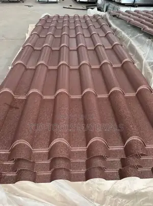 ,Stack of Brown Stone-Coated Metal Roof Tiles Designed to Resembl