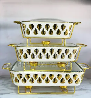 Cheafing Dish 3 Set Porcelain የብረት ማቆሚያዎች ያሉት ባለ ሶስት የሸክላ ሼፊንግ ዲሽ