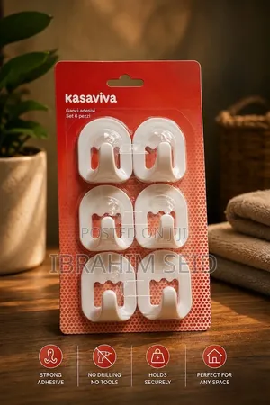 Kasaviva ባለ 6 ፍሬ ተጣባቂ ማንጠልጠያዎች (Self-Adhesive Hooks)
