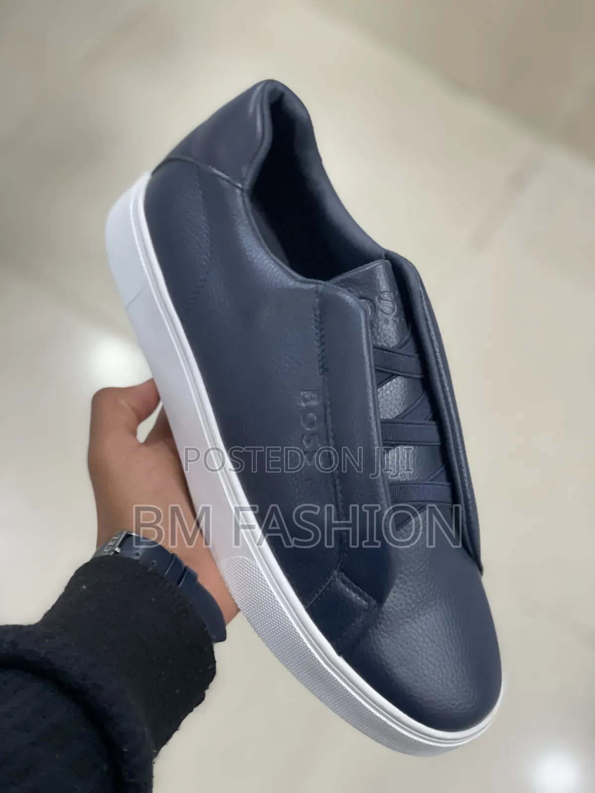 Boss Dark Blue Casual Slip-on Sneaker Features a White Rubber Sole
