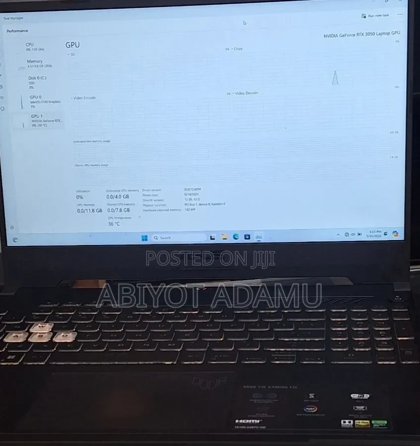New Laptop Asus TUF Gaming F15 16GB Nvidia SSD 512GB