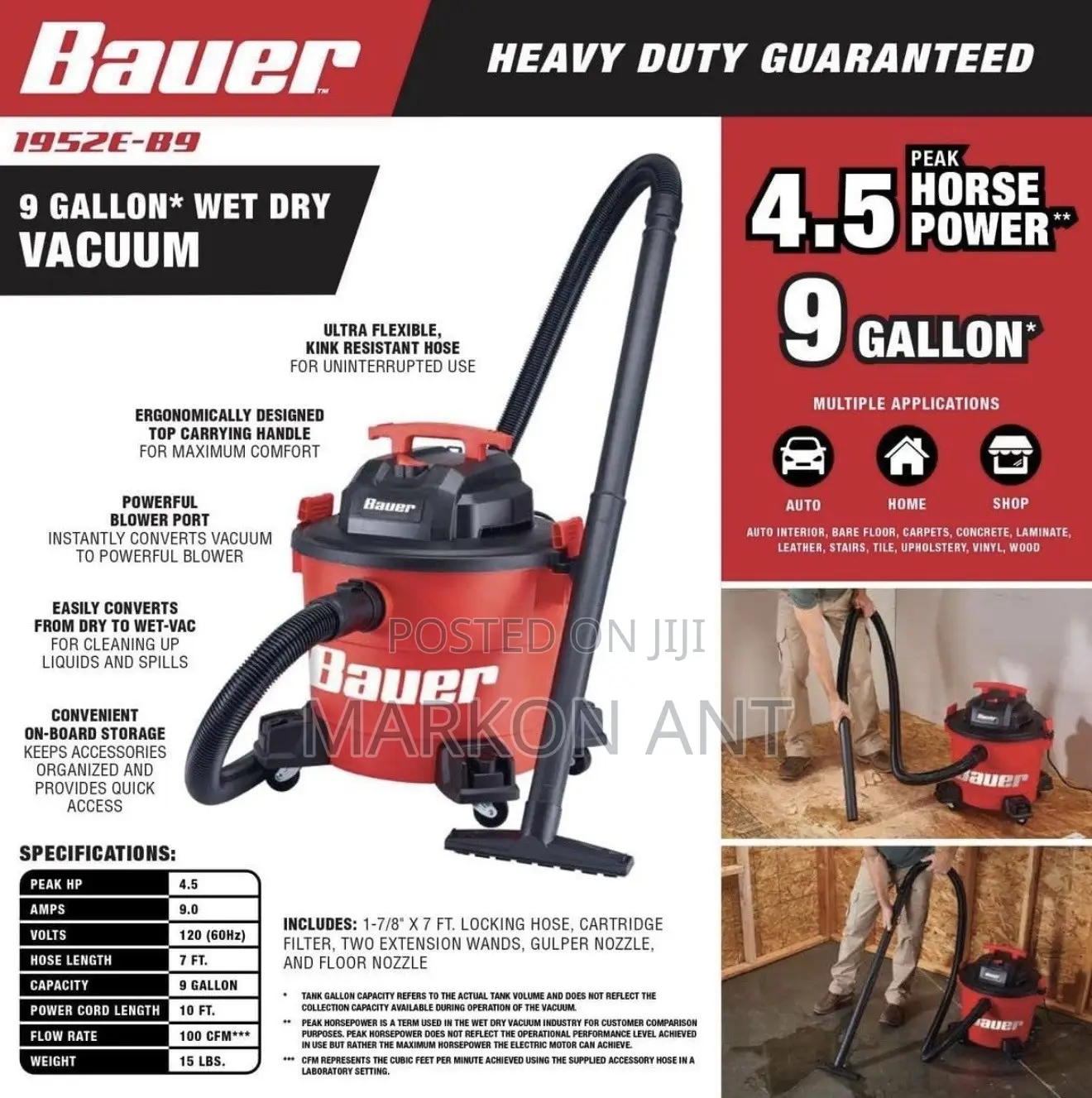 Bauer Electric Wet/Dry Vacuum Cleaner 9 Gallon 4.5 Peak Horsepower