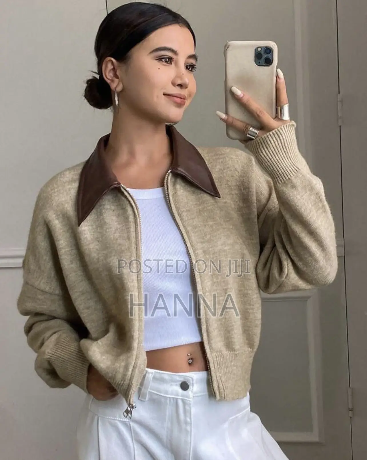 Chic Contrast Leather Collar Knit Zip-Up Jacket (Beige/Tan)