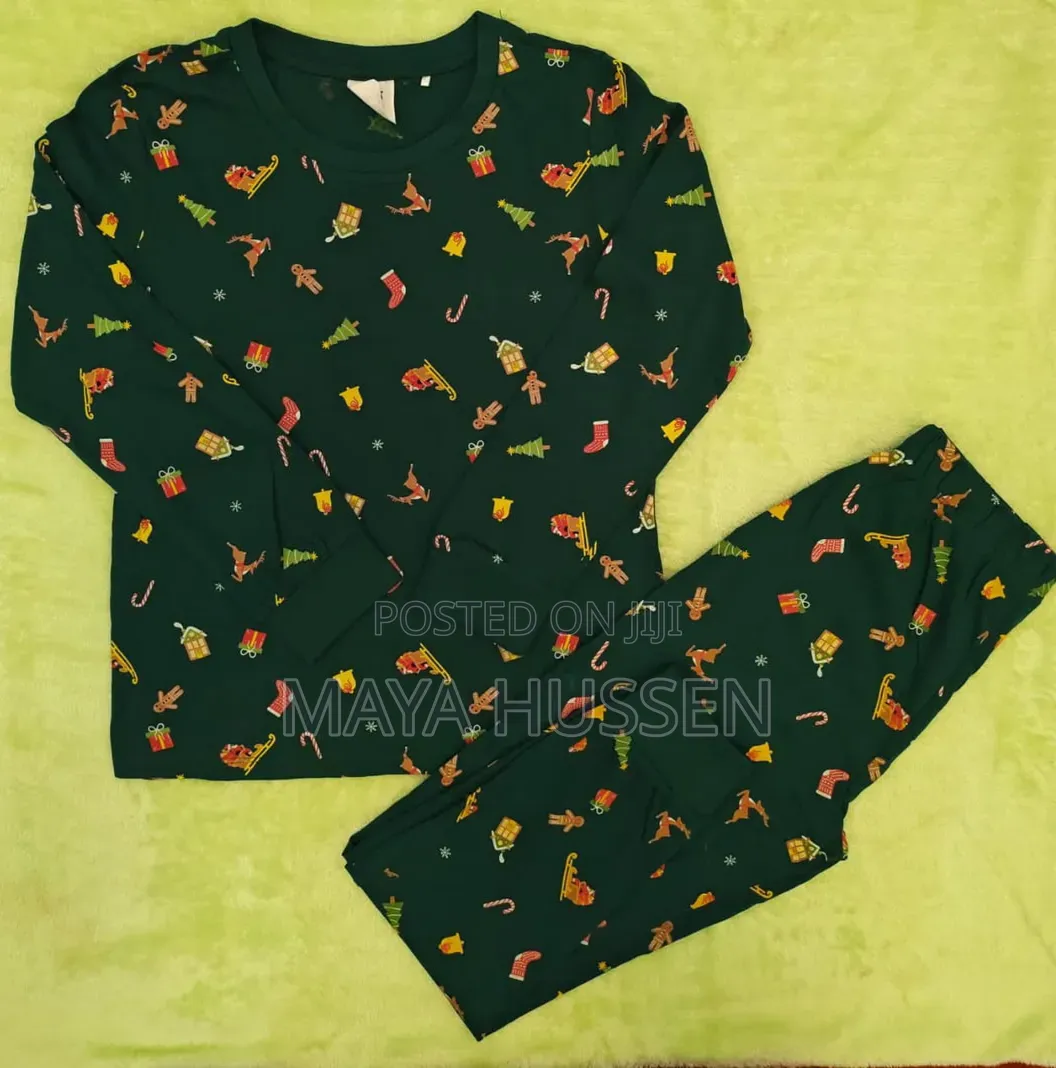 Festive Dark Green Printed Pyjama Set for Kids (2-Piece)