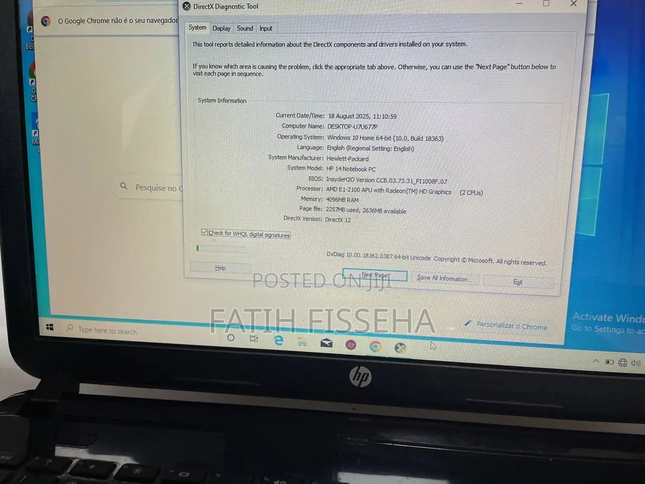 Laptop HP 4GB Intel Core i3 SSD 256GB