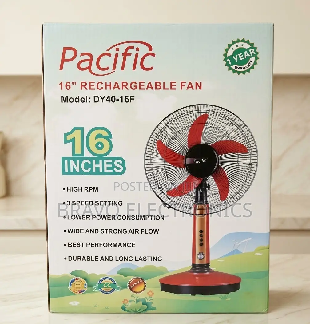Pacific 16" Rechargeable Pedestal Fan With 3-Speed Settings