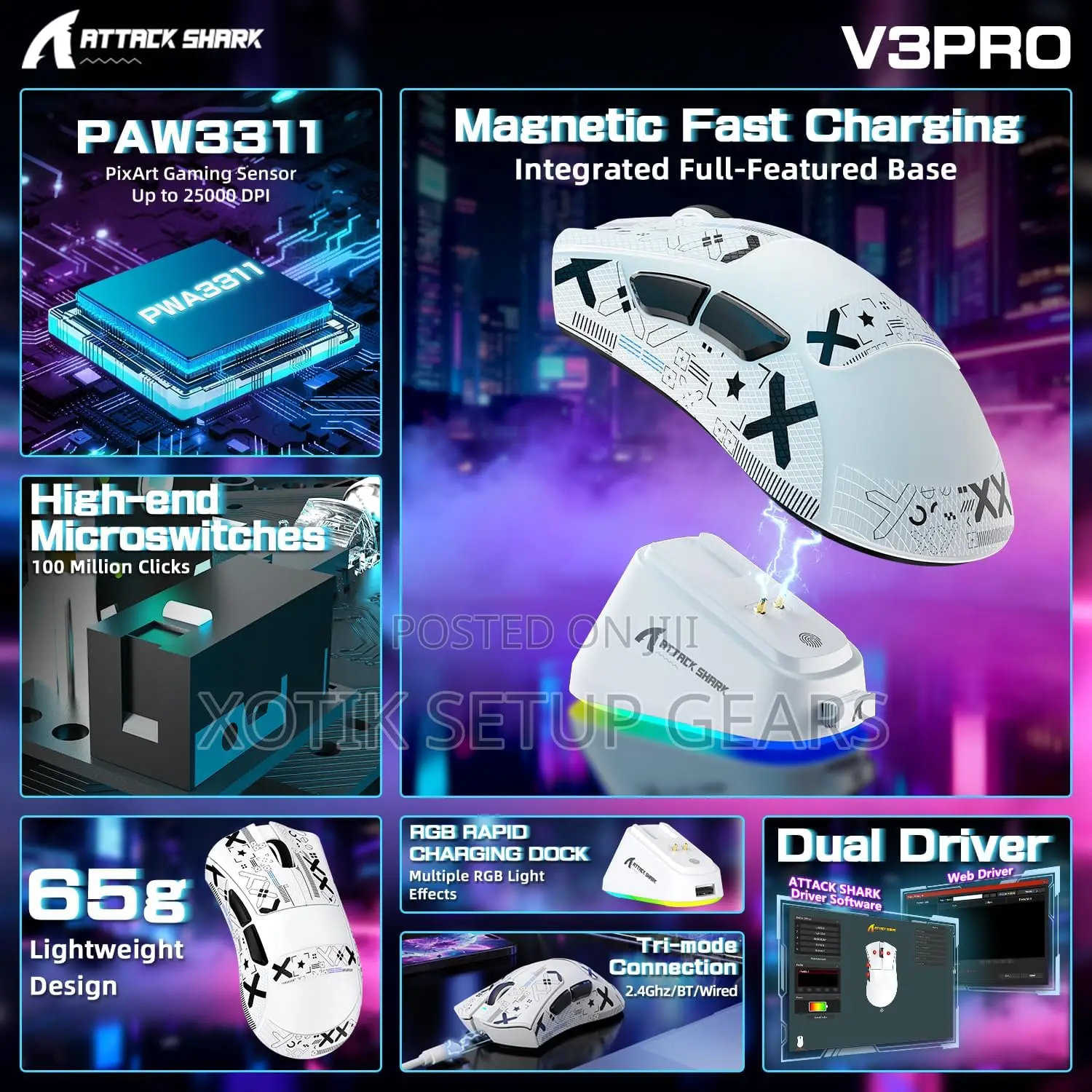 ATTACK SHARK V3 PRO Wireless Mouse-Gaming Mouse With RGB Charging Dock