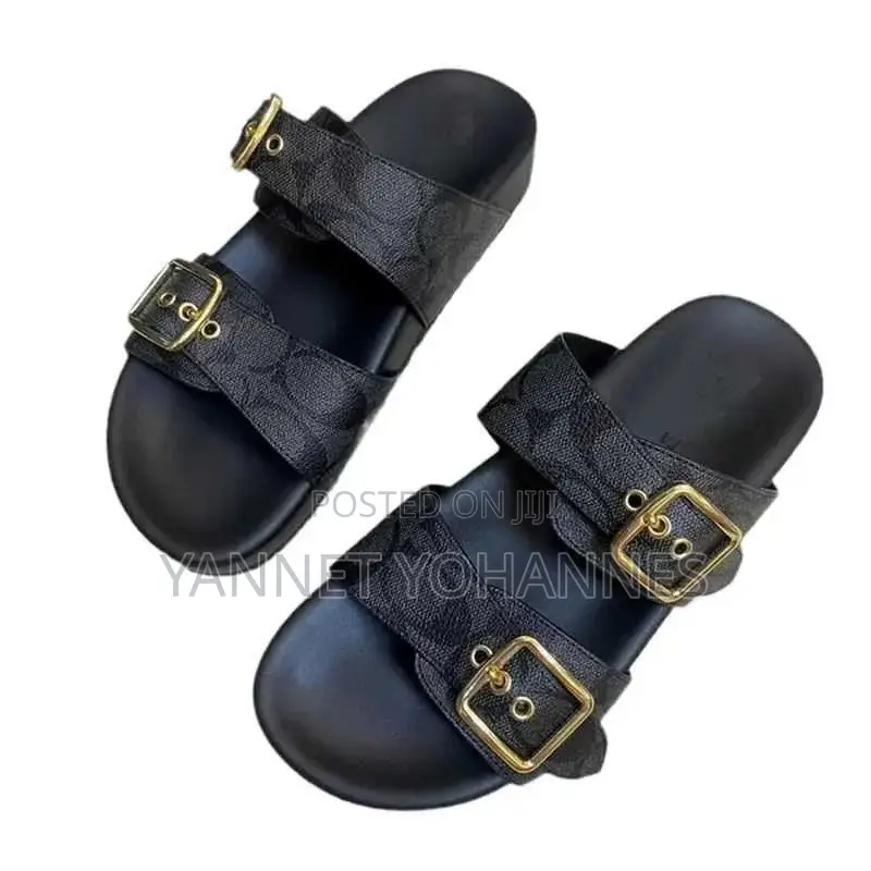 Women’s Black Double Buckle Slide Sandals