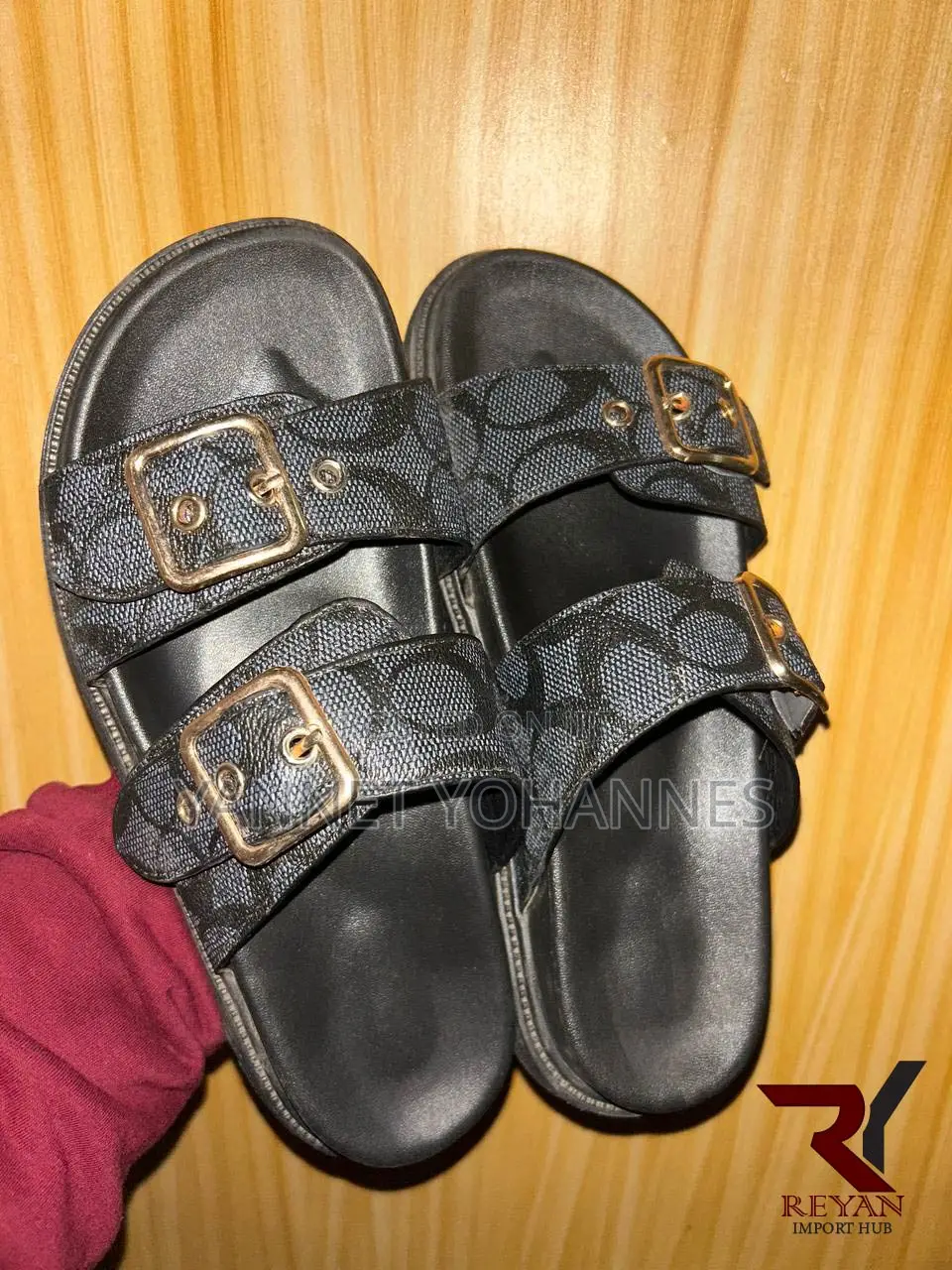 Women’s Black Double Buckle Slide Sandals