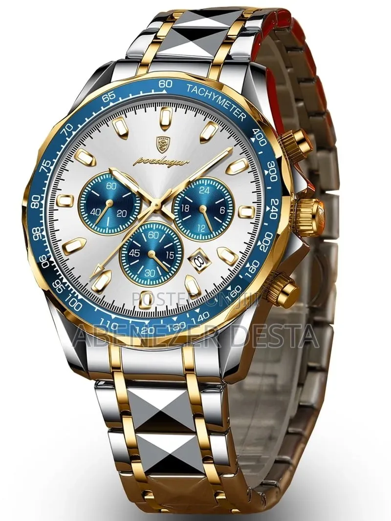 Poedagar Men's Quartz Chronograph Watch Featuring Silver and Gold-Tone